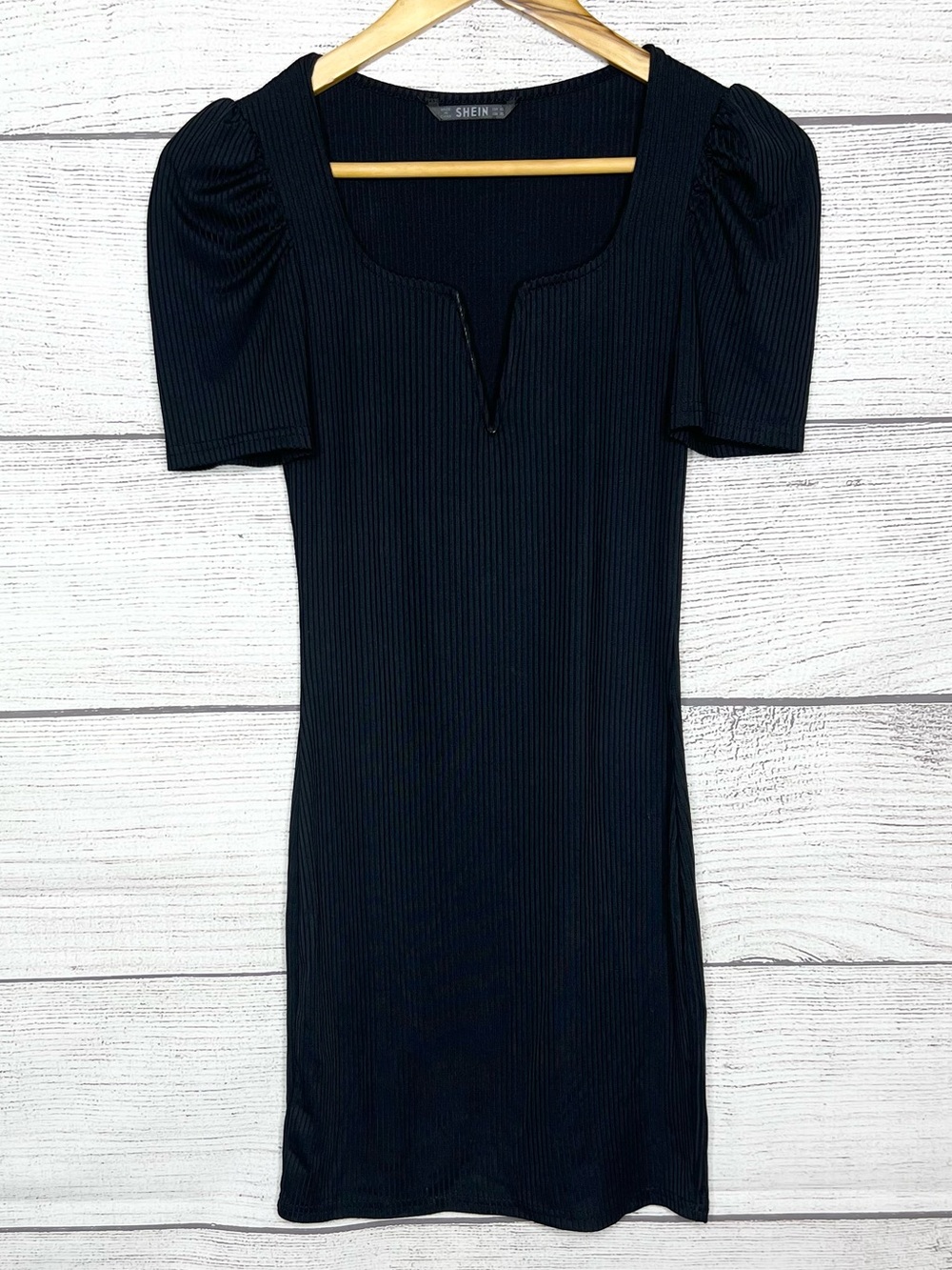 SHEIN Black Ribbed Stretch Puff Sleeve Structured V-Neck Mini Dress Size XS